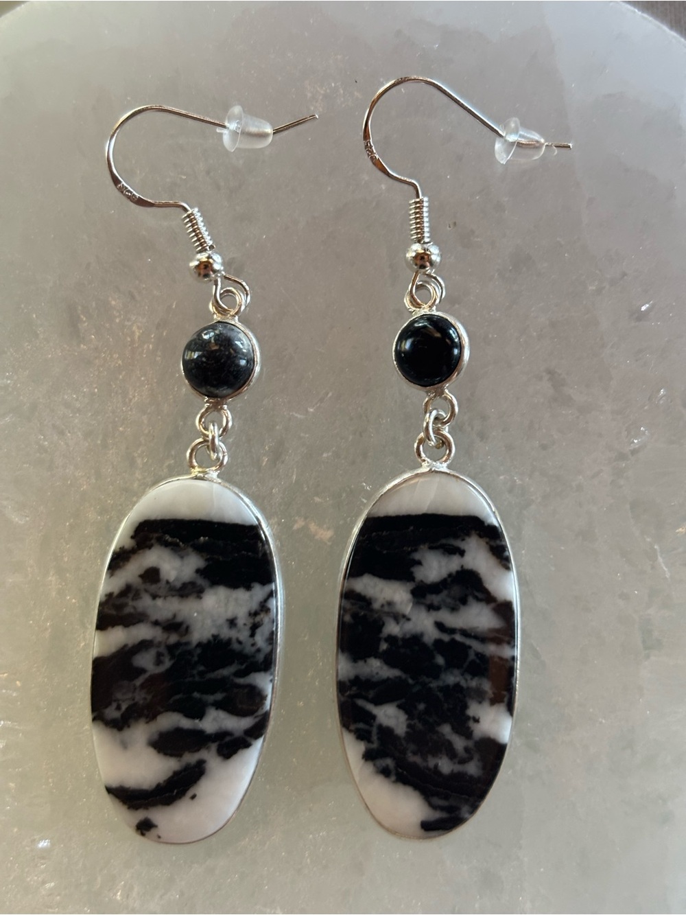 Natural White Buffalo Turquoise & Onyx Crystal Earrings 925 Silver